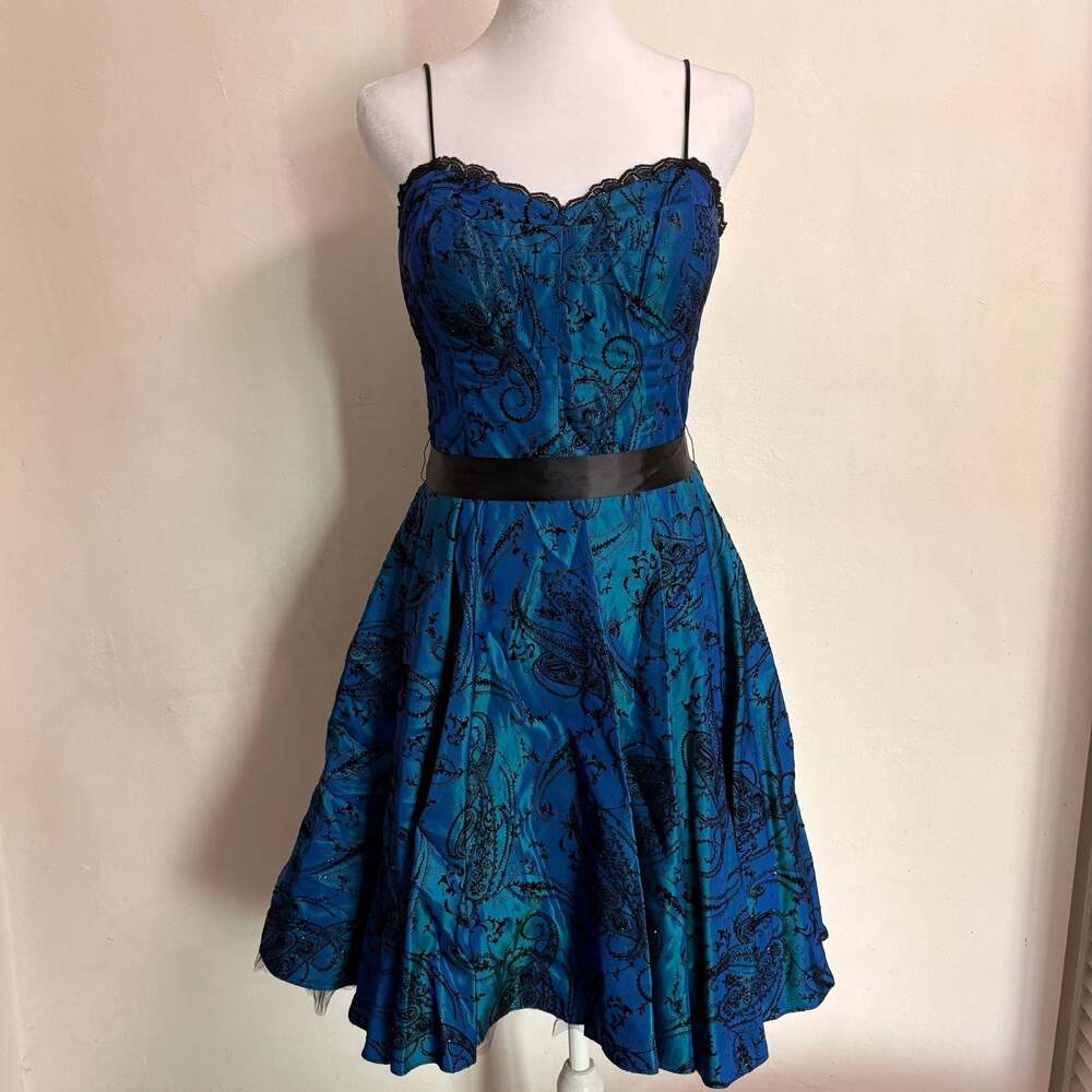 Vtg Y2K Whimsigoth Fairy Blue Paisley A-Line Velvet Dress Prom